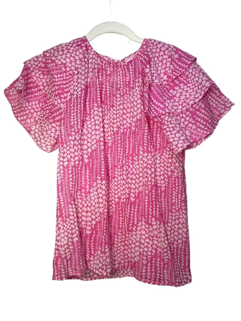 Banjanan Pink White Floral Flutter Sleeve Cotton Blouse XS